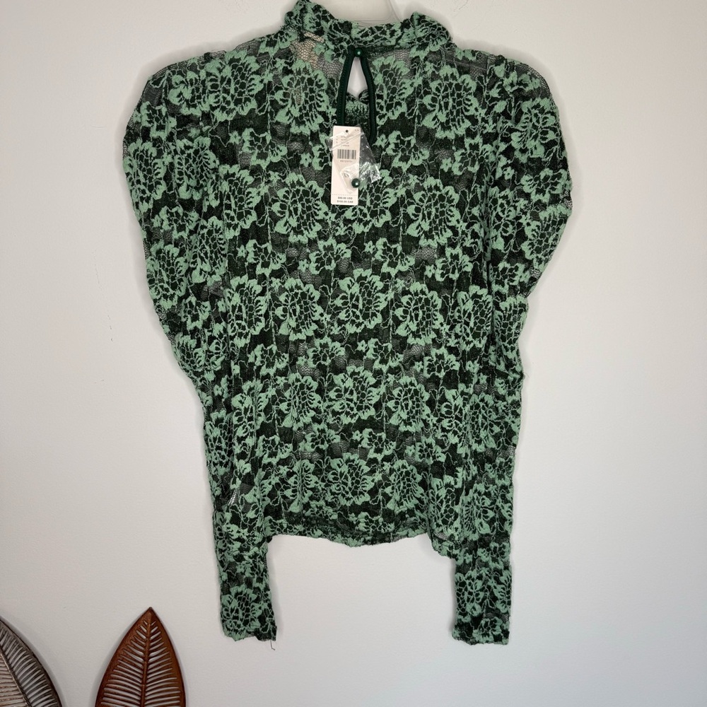 Anthropologie Mint Green Floral Lace Long-Sleeve Mock Neck Top - Picture 9 of 10